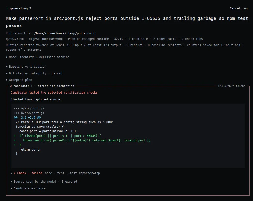 Phonton Desktop showing candidate 1's diff for src/port.js and its failed node --test check.